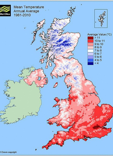 This is the mean average temperature between 1981 and 2010 for the UK